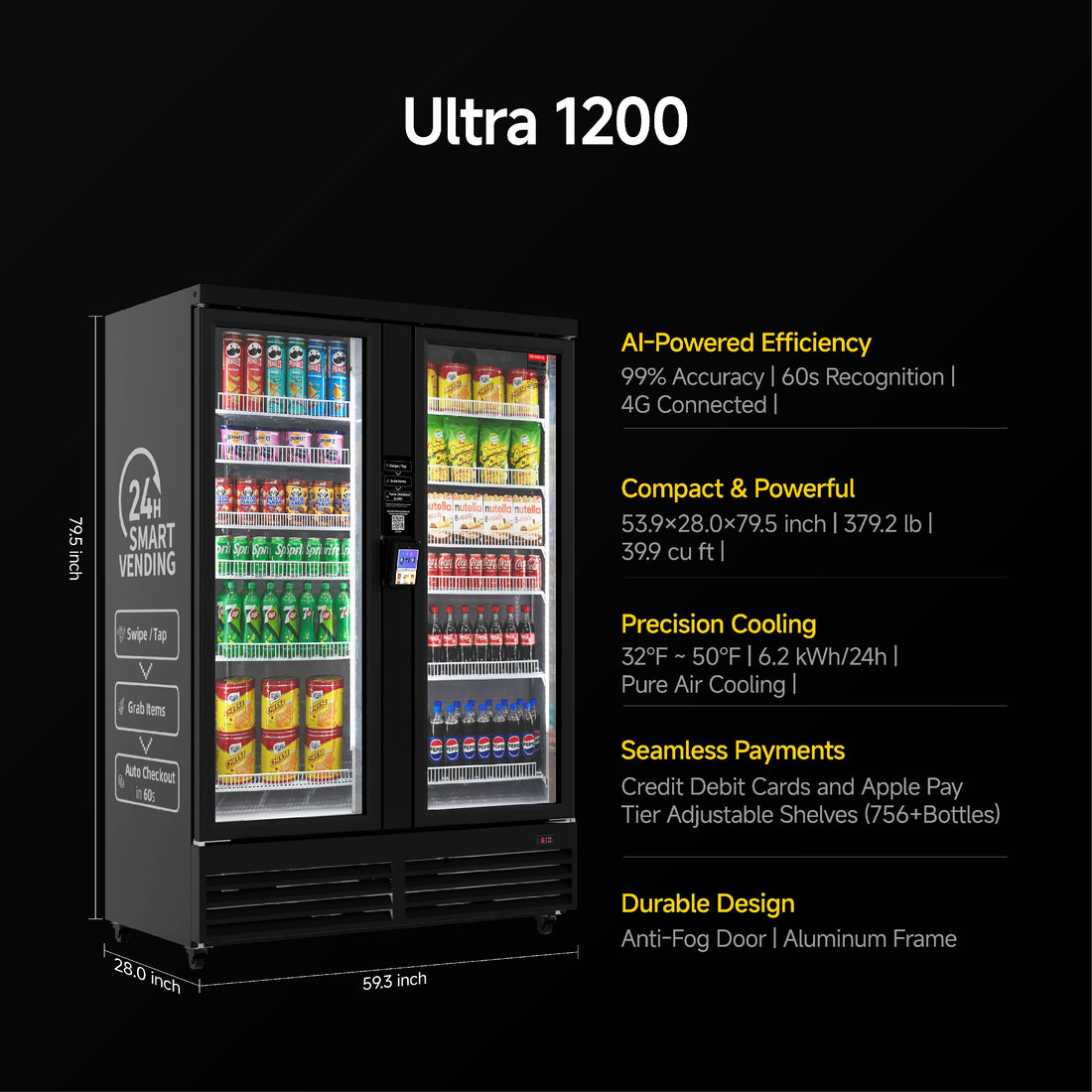HAHA AI Vending Ultra 1200 | POS/NFC - Self-Service Double Door Refrigerated with 756 bottles space