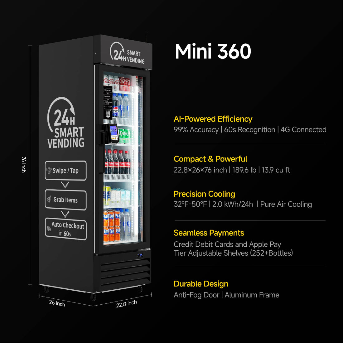 HAHA AI Vending Mini 360 | Touch Card Reader - Smart Refrigerated Combo with 252 bottles space