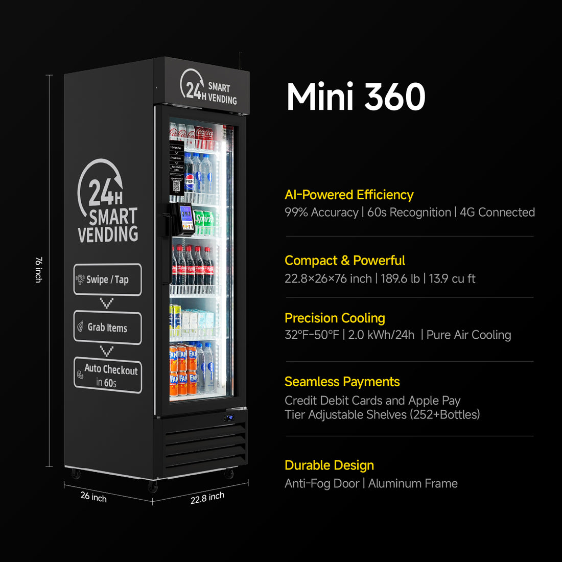 HAHA AI Vending Mini 360 | Touch Card Reader - Smart Refrigerated Combo with 252 bottles space