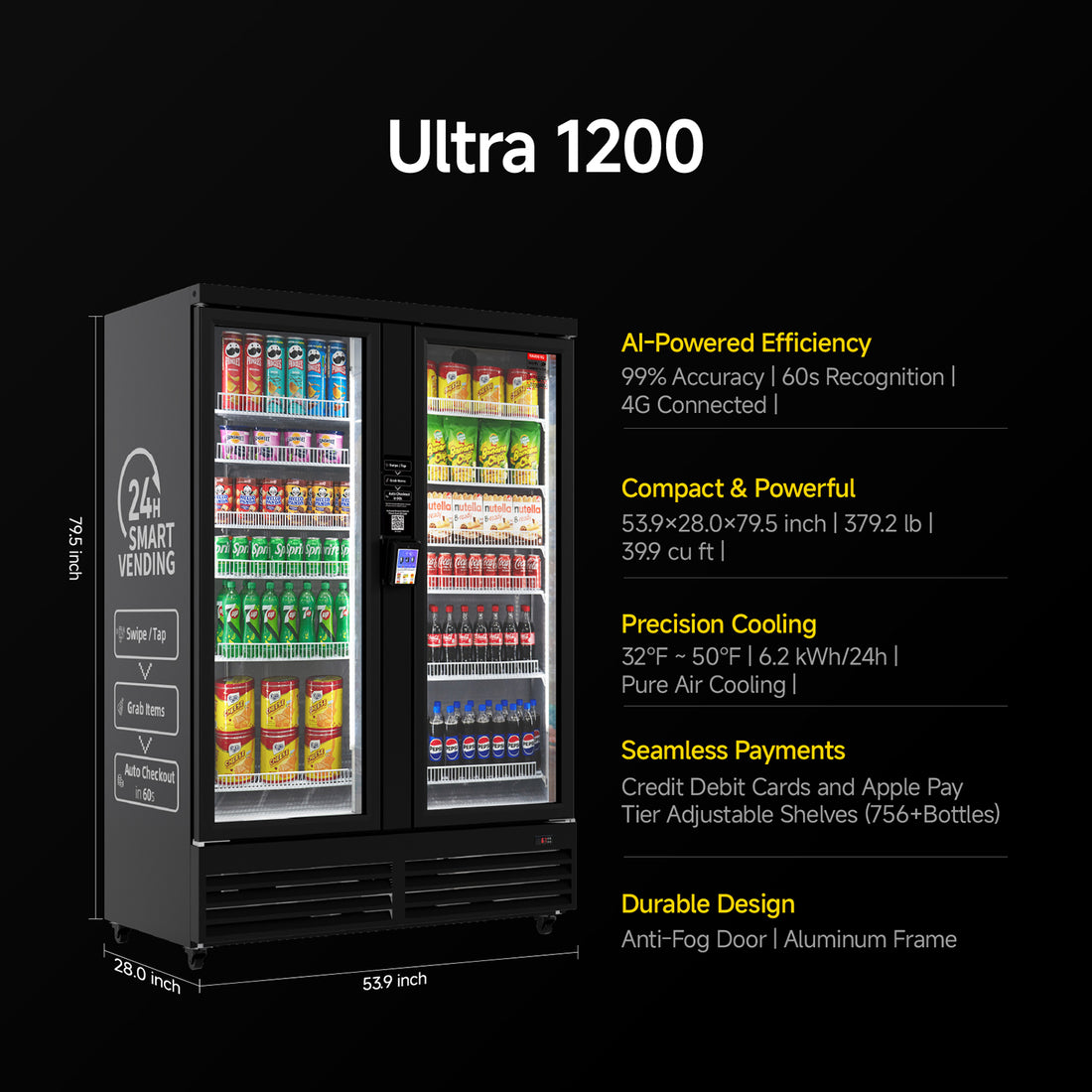 HAHA AI Vending Ultra 1200 | POS/NFC - Self-Service Double Door Refrigerated with 756 bottles space