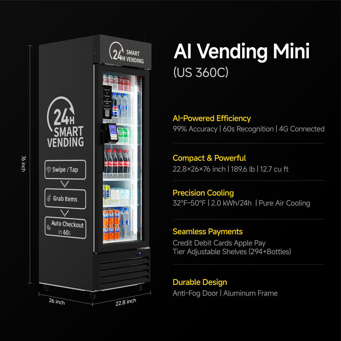 HAHA AI Smart Refrigerated Combo Vending Machine US360C - Touch Card Reader | DC-360D