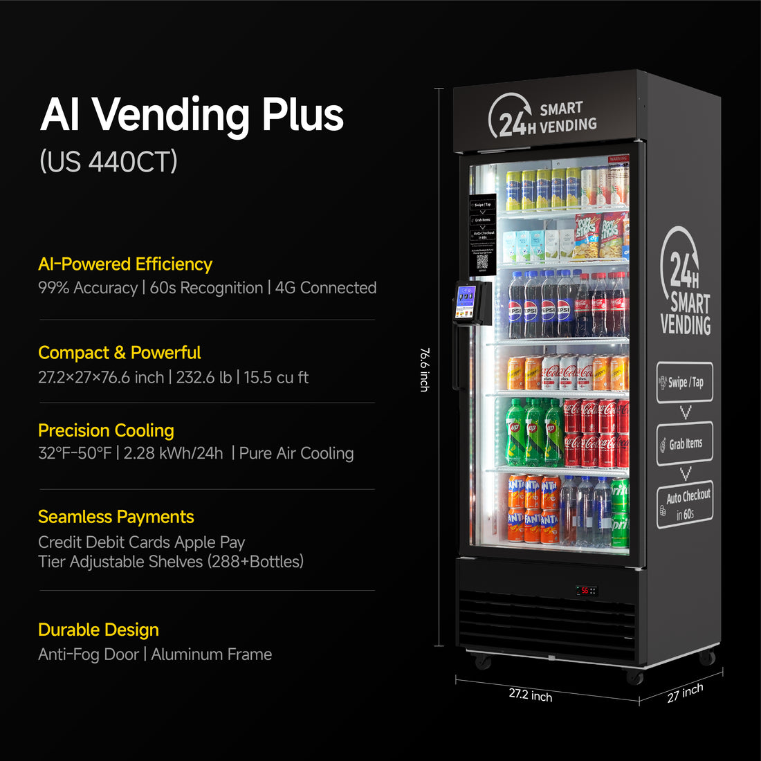 HAHA AI Smart Refrigerated Vending Machine US440CT - Beverage Focus, Touch Card