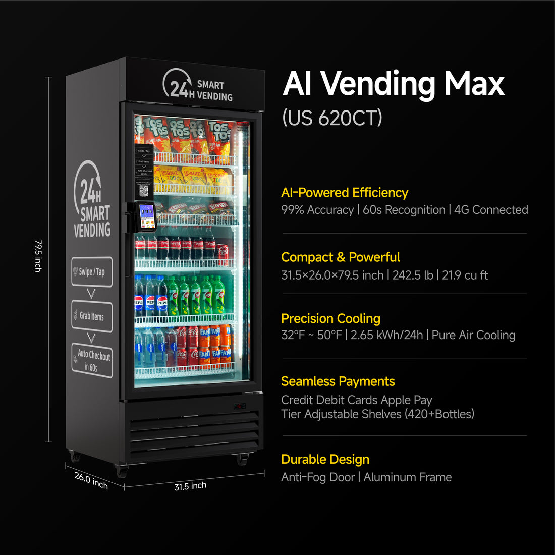 HAHA AI Smart Vending US620CT - Refrigerated Combo, Cashless, APP | 528 Bottles | Offices/Gyms