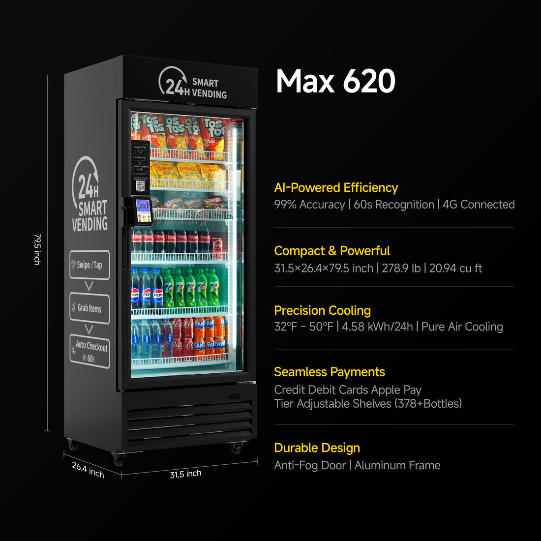 HAHA AI Vending Max 620 | Cashless - Smart Refrigerated Combo with 378 bottles spaces